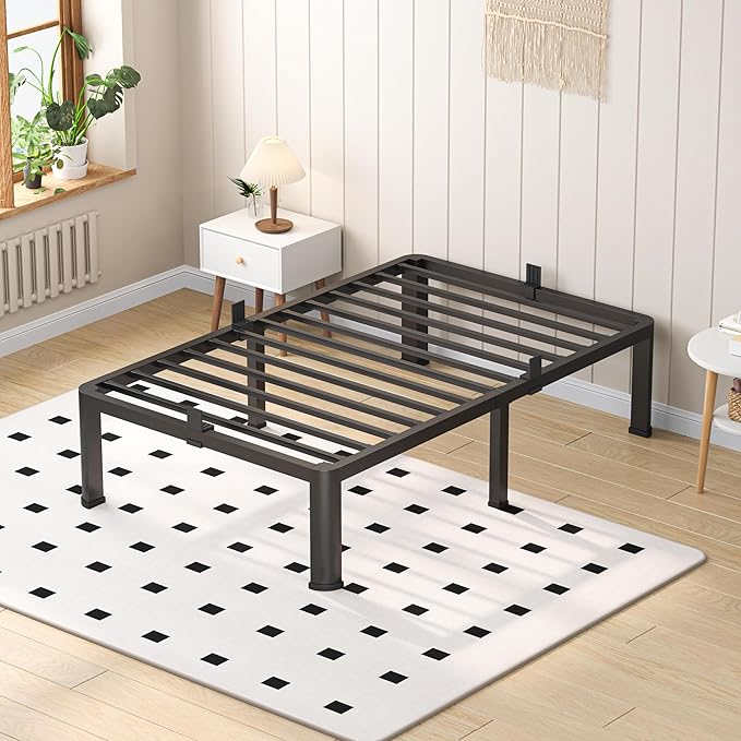 14 Inch Twin Heavy Duty 3500 lbs Bed Frame with Round-Corner Legs & Anti-Squeak Design – Quick Assembly Metal Platform, No Box Spring Needed