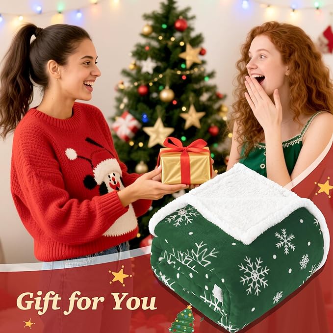Touchat Christmas Throw Blanket, Sherpa Christmas Blankets, Fuzzy Fluffy Soft Cozy Blanket, Fleece Flannel Plush Microfiber Blanket for Couch Bed Sofa (50" X 60",Green Snowflake)