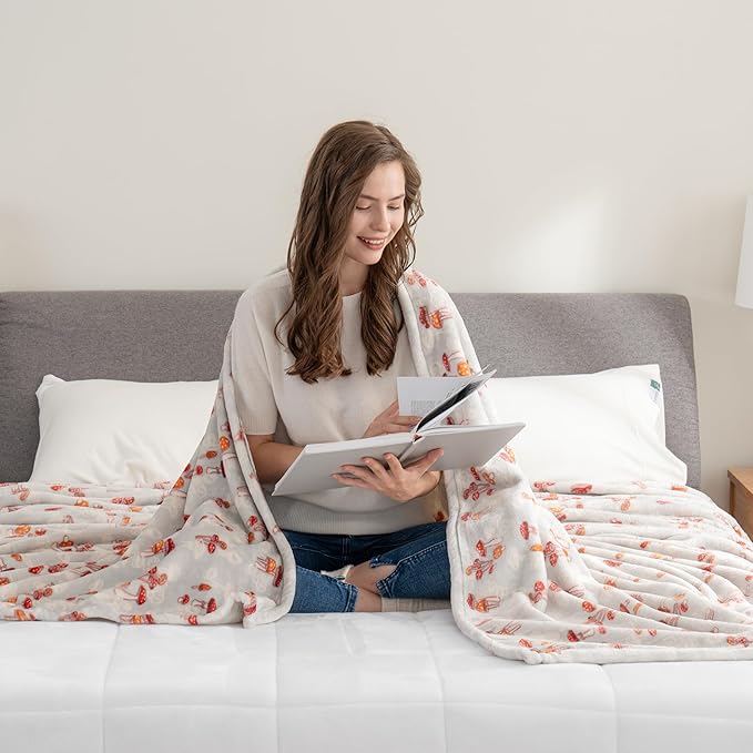 Berkshire Blanket-Classic Heavyweight Soft Printed VelvetLoft® Plush Warm Blanket, Twin Size Soft Fuzzy Blanket for Couch Sofa Bed, Mushroom Field Grey, 60in x 90in