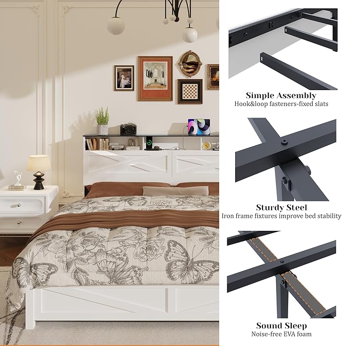 Queen Size Bed Frame with Wooden Storage Headboard, Farmhouse Platform Bedframe with LED Lights and Charging Station, Easy Assembly, No Box Spring Needed (White, Queen)