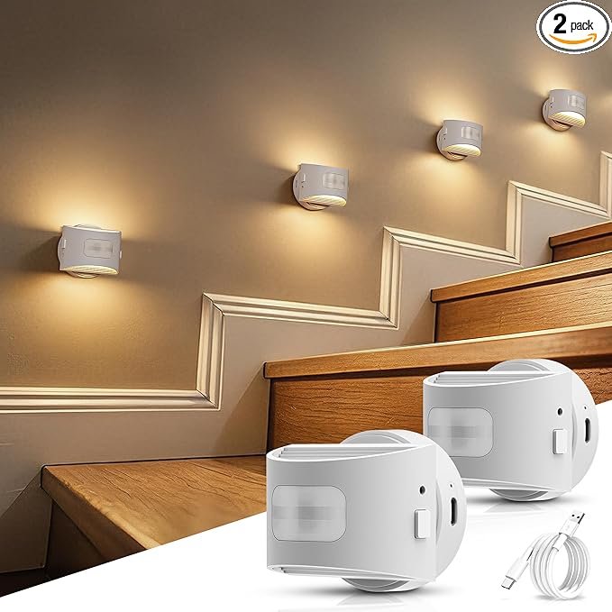 DORESshop Motion Sensor Night Light Indoor, Rechargeable Night Lights, Magnetic Stick-On Stair Lights 3000K Warm White, Battery Operated Lights for Hallway,Kitchen,Closet,Bedroom
