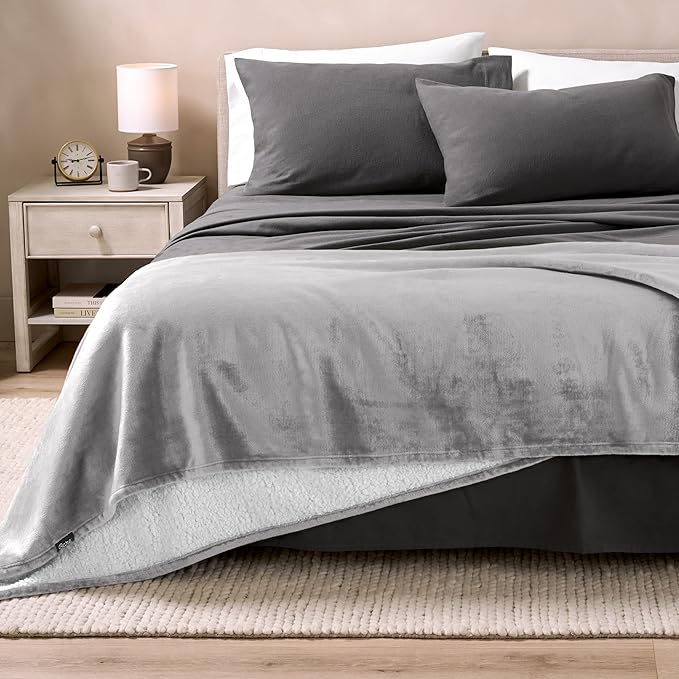 Bare Home Sherpa Fleece Blanket - Twin/Twin Extra Long - Blanket for Bed, Sofa, and Couch - Warm & Lightweight - Fluffy & Soft - Reversible (Twin/Twin XL, Light Grey)