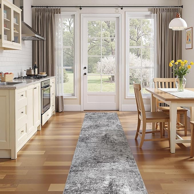 Washable Runner Rug for Hallway: 2.6x14 Neutral Modern Abstract Low Pile Area Rug with Non-Slip Backing - Carpet for Bedroom Kitchen Laundry Entryway Bathroom Indoor - Grey