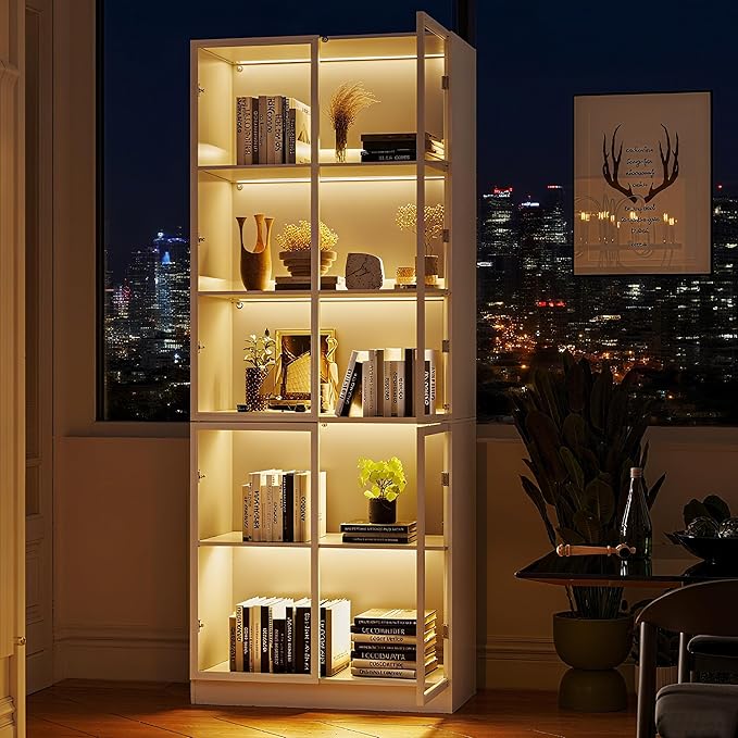 Display Storage Cabinet with Glass Door, LED Lights,Showcase for Collections, Perfume, Vinyl Albums, Bookcase for Home Office, Living Room, Clinic, Pantry (5 Layers-White)