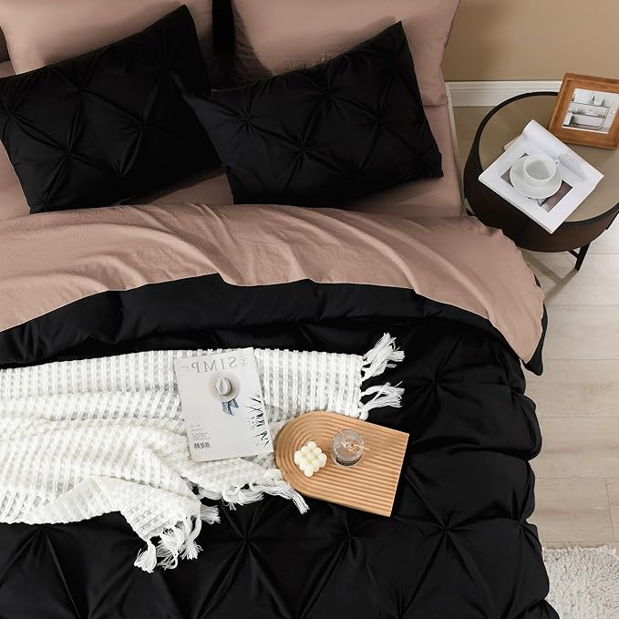 Litanika Black Pinch Pleat Duvet Cover Full (79x90Inch), 3-Piece Luxurious Pintuck Bedding Set, Soft Microfiber with Zipper Closure & Corner Ties