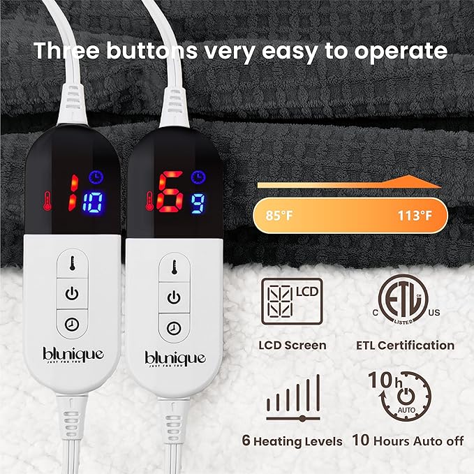 Heated Blanket Electric Blanket King Waffle, 90x100 Inches Dual Controllers Sherpa Fleece Fast Heating Blanket 6 Heating Levels & 10 Hours Auto Off ETL Certification,Charcoal Grey King