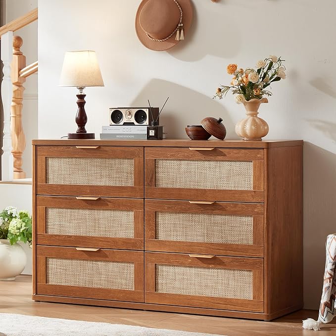 LEYAOYAO Rattan Dresser and Nightstand Set of 2, Boho Wood Dresser for Bedroom with 6 Drawers and Night Stand with 3 Drawer, Bedroom Furniture, Dressers & Chests of Drawers, Living Room, Hallway