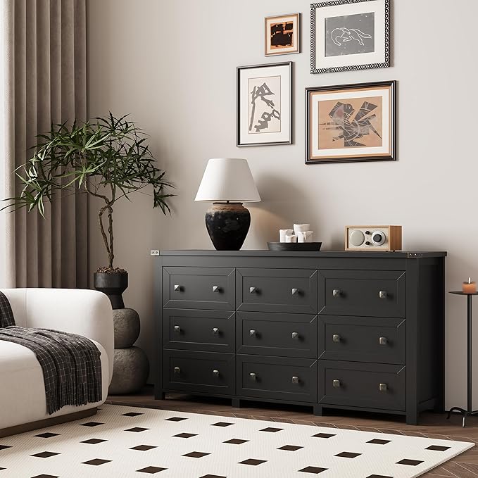 Dresser for Bedroom with 9 Drawers, Farmhouse Wood Chest of Drawers, Wide TV Stand Closet Storage Furniture with Metal Handle, Modern Clothes Organizer for Hallway, Living Room, Entryway, Black