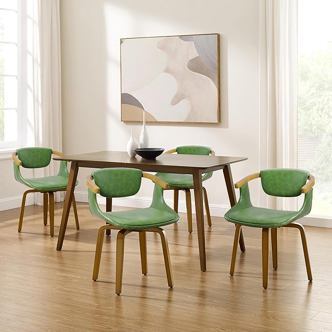 Art Leon Dining Chairs Set of 2 - Mid Century Modern Retro Faux Leather Chair, Small Comfy Upholstered Swivel Desk Chairs No Wheels, Green