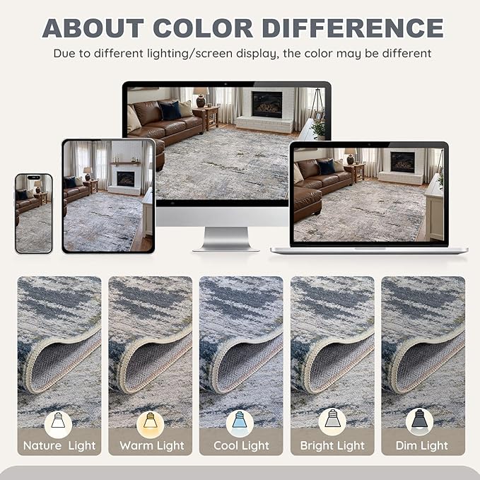 Area Rug Living Room Rugs - 8x10 Washable Large Soft Indoor Neutral Modern Abstract Low Pile Rug Carpet for Bedroom Dining Room Farmhouse Home Office - Blue/Grey/Brown