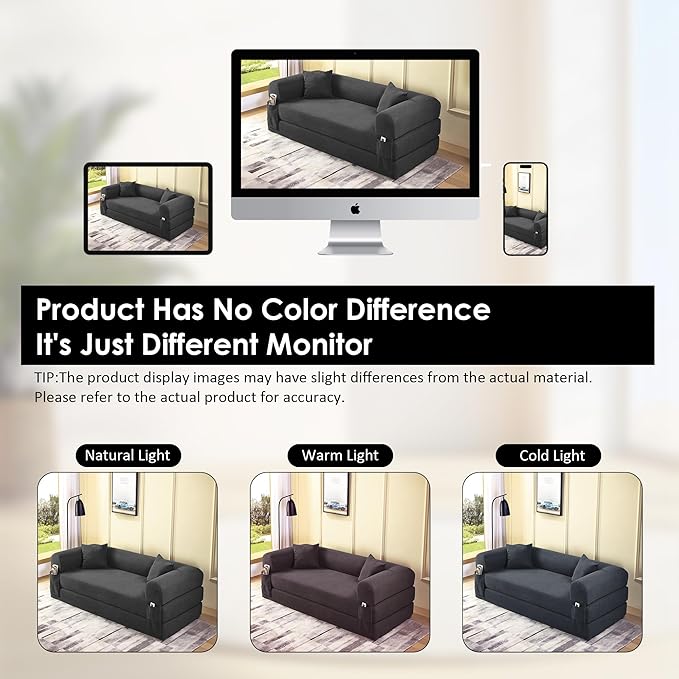 80" Convertible Sofa Bed, 3-in-1 Corduroy Folding Pull Out Couch with Pillows, No Assembly Modern Boneless Couch Compression Sofa in Box, Floor Sofa with Side Storage Pocket for Living Room,Dark Grey