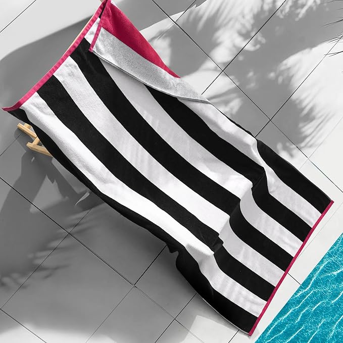 Juicy Couture Black/Hot Hot Pink/White Pink Reversible Cabana 36" x 72" 100% Cotton Oversized Beach Towel - Soft, Absorbent, and Quick-Drying, Perfect for Beach, Pool, or Travel