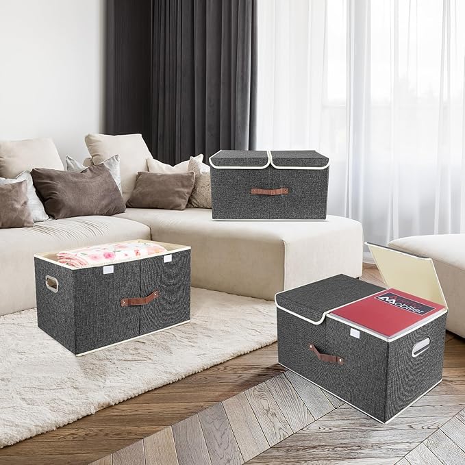 TYEERS Extra Large Collapsible Storage Bins with Lids and Compartments, Washable, Fabric Storage Boxes, 21.7x13x11.8 inches, 3 Pack, Black