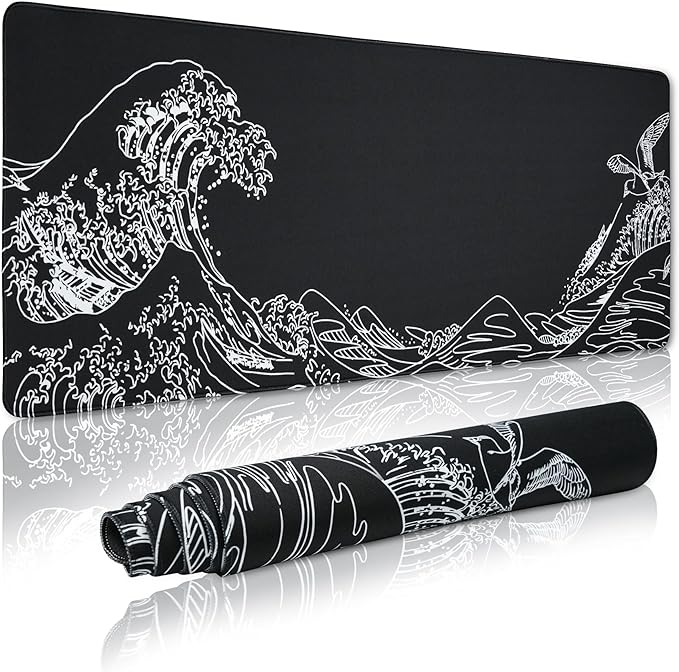 Large Gaming Mouse Pad for Desk,Kanagawa XXL Mouse Pad 35.4x15.7 Inch,Waterproof Desk Pad,Non-Slip Rubber Base Mice Pad,Keyboard Pad Computer Mat,Black Mouse pad