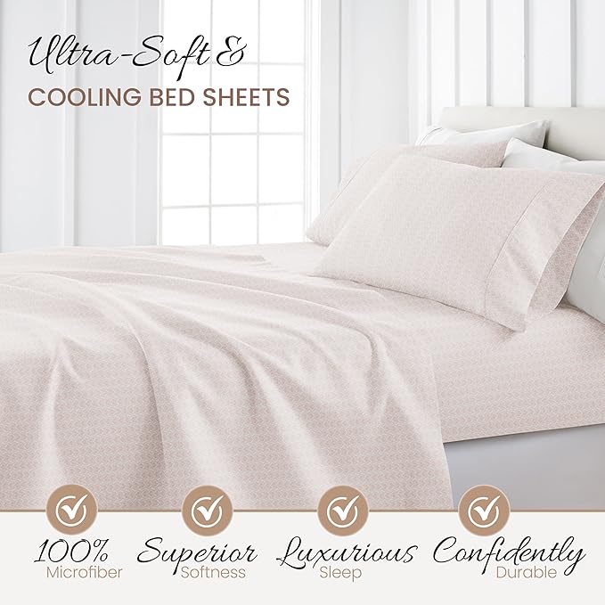 Linen Market Double-Brushed Patterned Microfiber California King Sheet Set 4 Piece – Oeko-TEX Certified Ultra Soft & Wrinkle-Free - 16" Deep Pocket Sheets Easy Care Cal-King Size - Classic in Pink