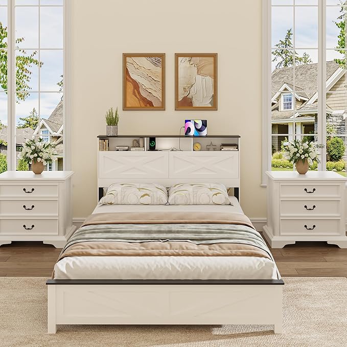 Queen Size Bed Frame with Wooden Storage Headboard, Farmhouse Platform Bedframe with LED Lights and Charging Station, Easy Assembly, No Box Spring Needed (White, Queen)