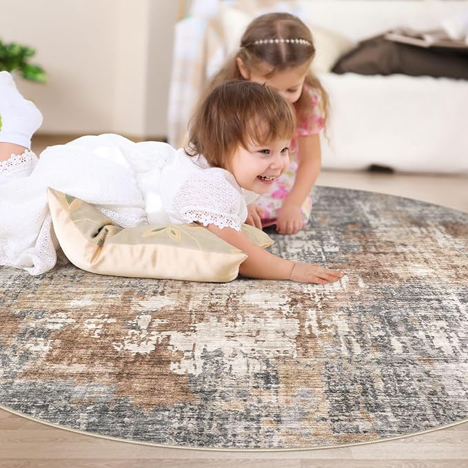 5ft Round Area Rug Living Room Rugs - 5x5 Washable Large Soft Indoor Neutral Modern Abstract Low Pile Rug Carpet for Bedroom Dining Room Farmhouse Home Office - Grey Brown