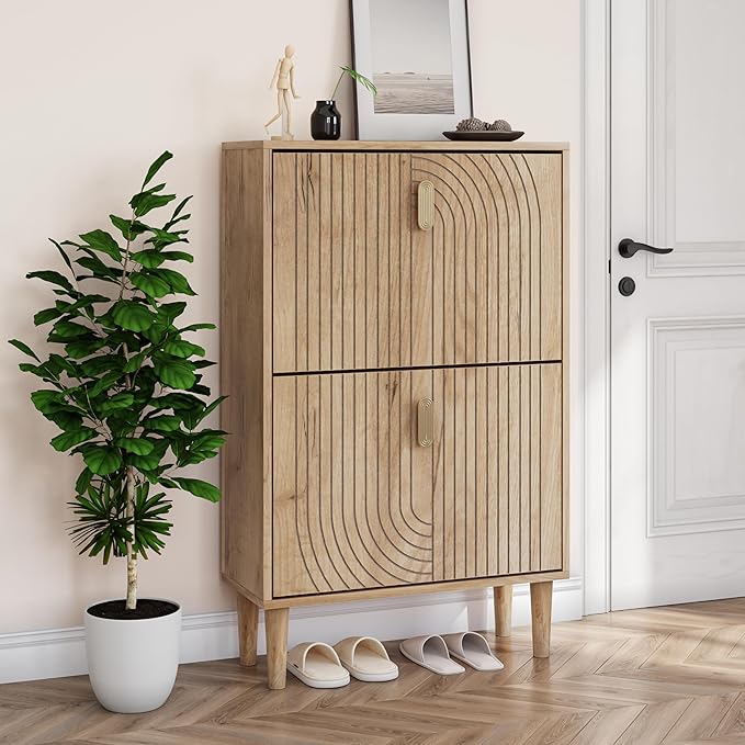 Smuxee Shoe Cabinet with 2 Flip Drawers, 23.6" Oak Hidden Shoe Storage Cabinet with Line Groove Design, Freestanding Shoe Organizer Cabinet for Entryway, Hallway, Living Room