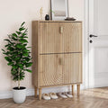Smuxee Shoe Cabinet with 2 Flip Drawers, 23.6" Oak Hidden Shoe Storage Cabinet with Line Groove Design, Freestanding Shoe Organizer Cabinet for Entryway, Hallway, Living Room