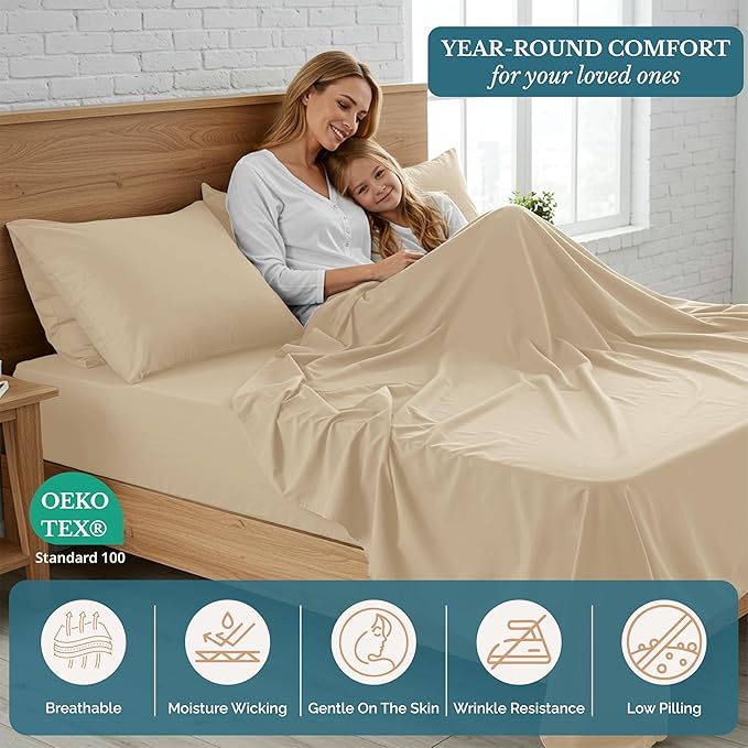 Casa Platino Cooling King Bed Sheets – 4 Piece Set, Pre-Washed Ultra Soft Microfiber, Cozy & Breathable Sheet Set, Deep Pocket Fitted Sheet for King Mattress, Brushed Fabric Finish - Linen Color