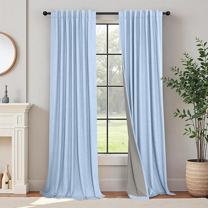 Light Blue Black Out Curtains 96 Inches Long for Living Room 100% Blackout Linen Textured Thermal Window Treatments Grand Millenial Curtain Drapes for Bedroom Modern Farmhouse Decor 96 Length 2 Panels