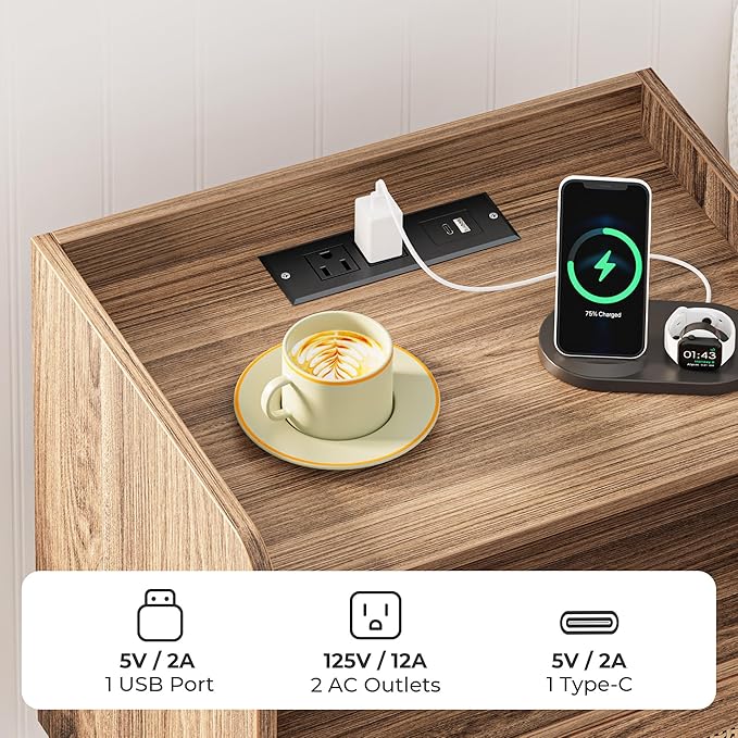 SUPERJARE Nightstand with Charging Station & Rattan-Like Decor Drawer, Rattan End Table with Solid Wood Feet, Bed Side Table with Open Storage, for Bedroom, Living Room, Dormitory, Walnut
