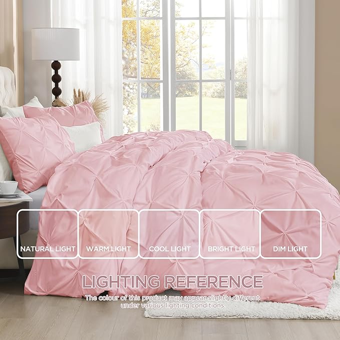Litanika Pink Pinch Pleat Duvet Cover Full(79x90Inch), 3 Pieces(1 Duvet Cover, 2 Pillowcases) Luxurious Pintuck Bedding Set, Soft Microfiber with Zipper Closure & Corner Ties
