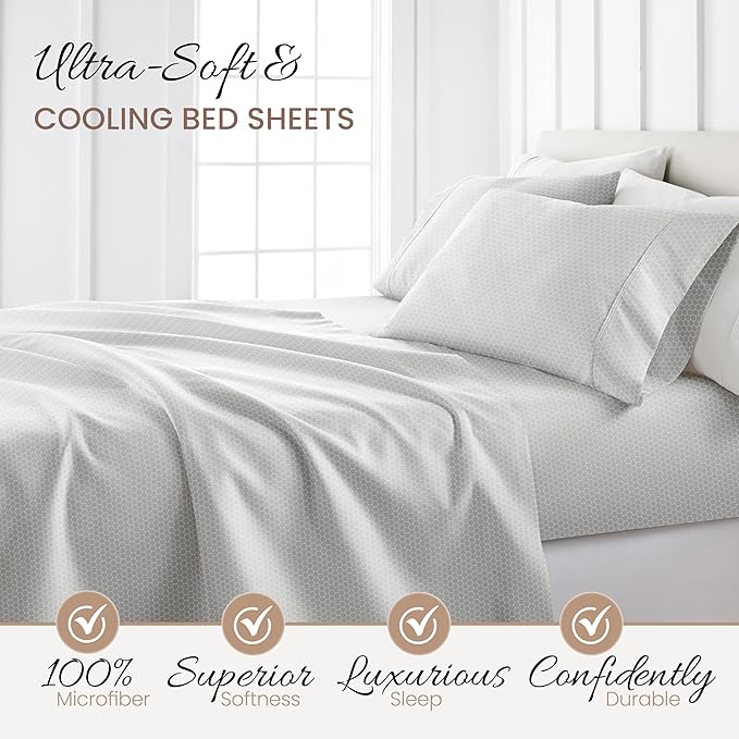 Linen Market Double-Brushed Patterned Microfiber California King Sheet Set 4 Piece – Oeko-TEX Certified Ultra Soft & Wrinkle-Free - 16" Deep Pocket Sheets Easy Care Cal-King Size - Honeycomb Gray