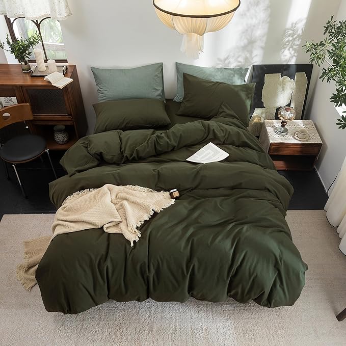 FOSSA Duvet Cover Set 100% Washed Cotton Linen Feel Super Soft Breathable Cozy 3 Pieces Bedding Sets Solid Olive Green California King