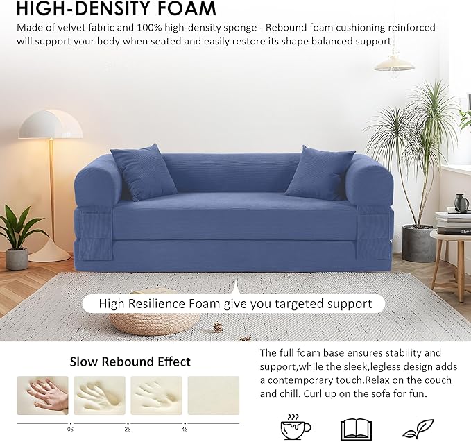 80" Convertible Sofa Bed, 3-in-1 Corduroy Folding Pull Out Couch with Pillows, No Assembly Modern Boneless Couch Compression Sofa in Box, Floor Sofa with Side Storage for Living Room,Dark Smog Blue