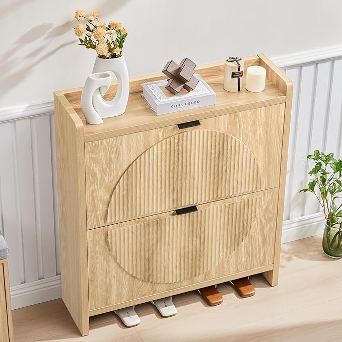Narrow Shoe Cabinet with 2 Flip Drawers for Entryway,Wood Slim Shoe Rack Cabinet, Freestanding Hidden Shoe Storage Organizer, Space-Saving, Round Fluted Pattern for Hallway, Living Room (Natural)