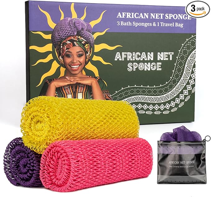 African Net Sponge Authentic 3 Pieces with Storage Bag, African Exfoliating Net Sponge Washcloth, Exfoliating Body Scrubber Bath Sponge Bathing Accessories (Rose, Purple, Bright Yellow)