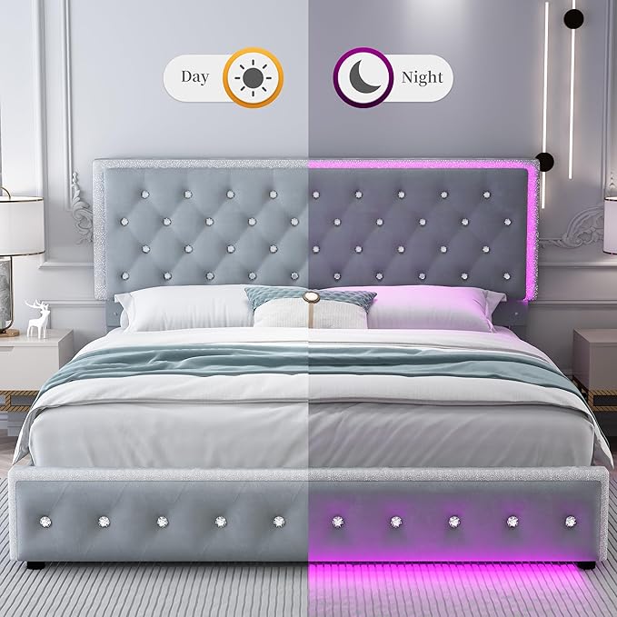 Queen Led Bed Frame with 2 Drawers, Storage Platform Queen Size Upholstered Bed Frames with Crystal Button Tufted Headboard, Solid Slats Support, Noise Free, No Box Spring Needed, Velvet Grey
