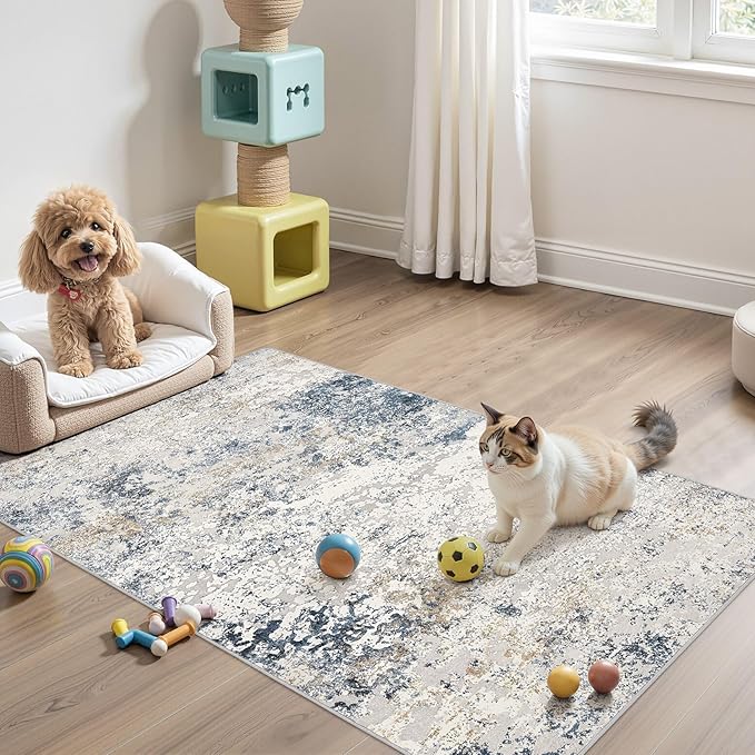 Washable Area Rug: 3x5 ft Abstract Small Rugs for Entryway Kitchen Living Room Bedroom - Non Slip Modern Neutral Carpet Indoor Front Door - Beige Blue
