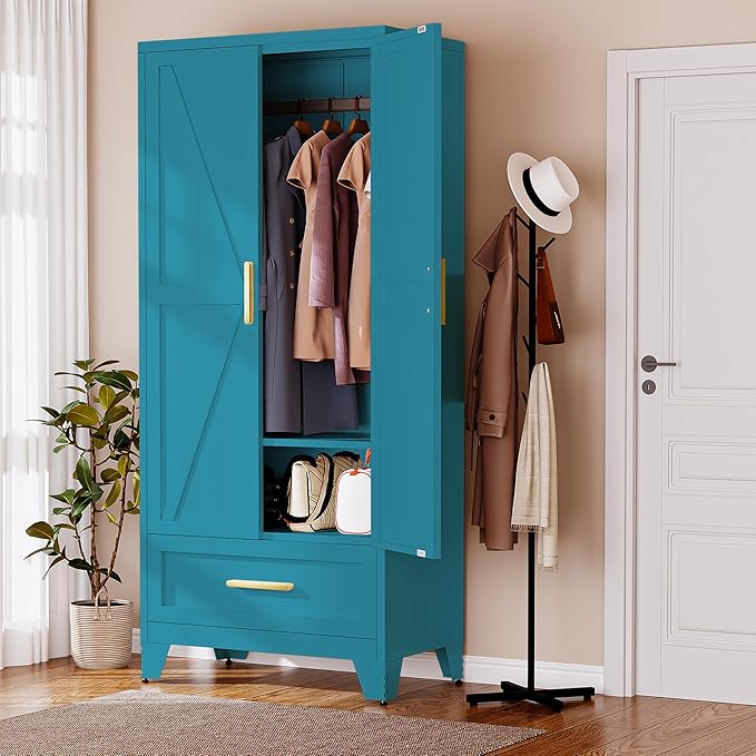 71" Tall Metal Armoire Wardrobe Closet with Removable Hanging Rod and Doors,Blue Armoire Wardrobe Cabinet for Garage Laundry Room Office