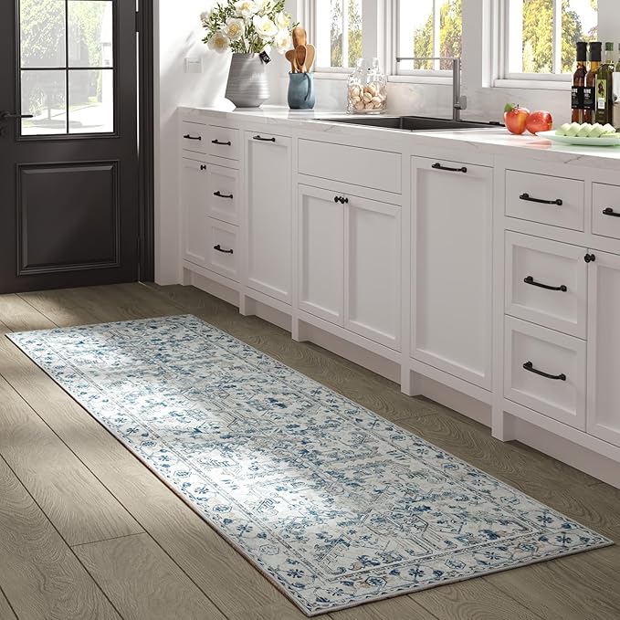 jinchan Lima Kitchen Runner Rug 2x8 - Vintage Floral Machine Washable Non-Slip Hallway Runner Rug with Rubber Backing Ultra-Thin Carpet for Bedroom Laundry Room Farmhouse (2x8ft, Blue)