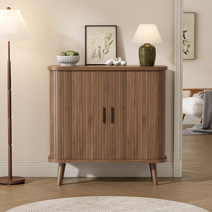 Buffet Cabinet with Storage, Curved-Edge Fluted Storage Cabinet Sideboard, Modern Walnut Sideboard Buffet with Adjustable Shelves & Sliding Door for Dining Room, Kitchen, Entryway