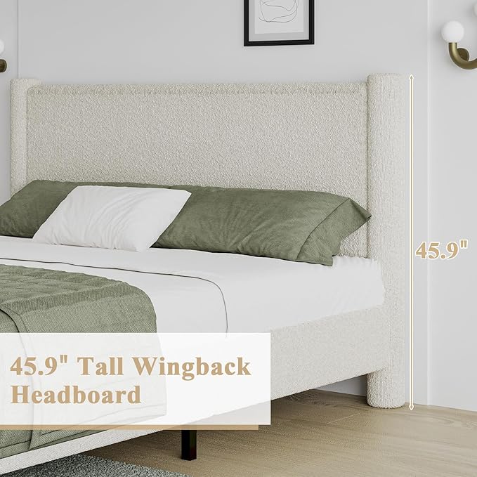 California King Size Bed Frame, Boucle Bed Frame with Headborad, Soft Upholstered Platform Bed Frame with Rounded Corners, No Box Spring Required, Easy Assembly, Cream