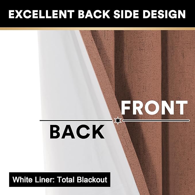 PrinceDeco Blackout Curtains for Bedroom 100% Absolutely Blackout Linen Look Curtain Draperies Anti-Rust Grommet, Thermal Insulated with White Liner, 2 Panels Set,52" W x 84" L,Washed Spice