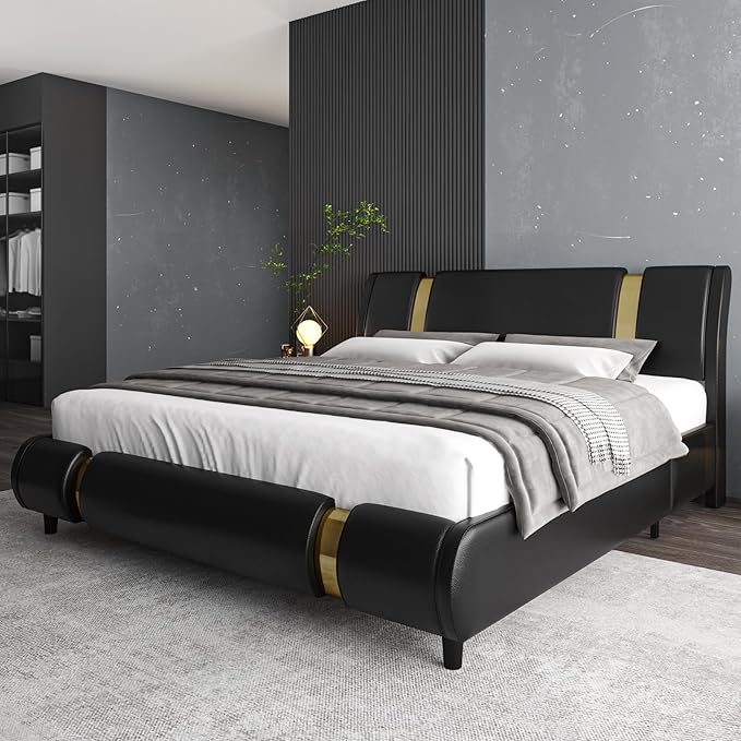 TTVIEW Modern Faux Leather Upholstered Platform Bed Frame with Golden Iron Metal Decor, Adjustable Curved Headboard, Wooden Slats Support, No Box Spring Needed, Queen Size, Black