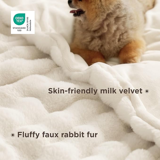 Bedsure GentleSoft Fluffy Faux Fur Throw XL Blanket, Fuzzy Soft Bubble Blanket for Couch Bed, Faux Fur Decor for Home Bedroom Living Room, Thick Warm Furry Cozy Gifts for Women, Cream, 50x70 Inch