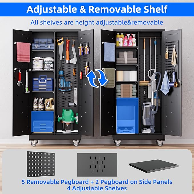 31.5 in Wide Garage Storage Cabinet, Metal Tool Cabinet with 4 Adjustable Shelves, Garage Storage System with Lockable Door for Offices, Gyms and Pantries, Black