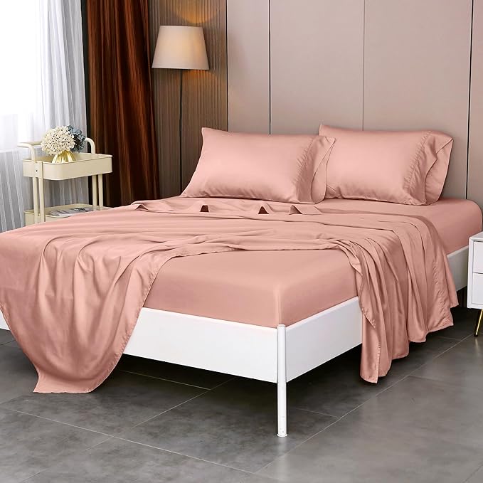 King Sheets, Rayon Derived from Bamboo, Cooling Bed Sheets Set,Deep Pocket Up to 16", 4 Pieces Silky Soft, Breathable Bedding Sheets & Pillowcases(Pink,King)