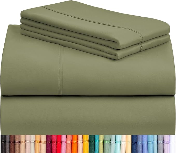 LuxClub 4 PC Queen Sheet Set, Deep Pockets Wrinkle Free Cooling Bed Sheets Hotel Bedding for Women, Men, Includes 1 Fitted Sheet, 1 Flat Sheet and 2 Pillowcases-Soft Olive