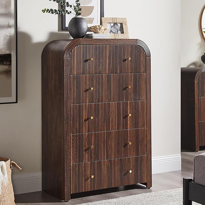 T4TREAM Fluted 5 Drawers Dresser, 48" Tall Modern Chest of Drawers with Thickened Curved Profile Design, Wood Closet Clothes Storage Organizer for Bedroom, Living Room, Hallway, Dark Walnut