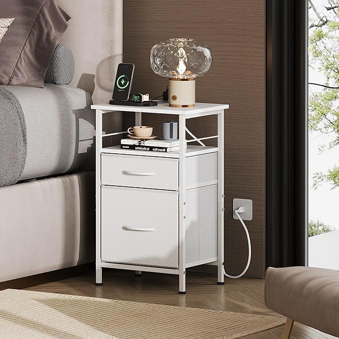 WLIVE Night Stand Set 2, White Nightstand with Charging Station, Nightstands for Bedroom Set of 2, Bedside Tables, Side Table with 2 Fabric Drawers, Small Dresser with USB Ports and Outlets