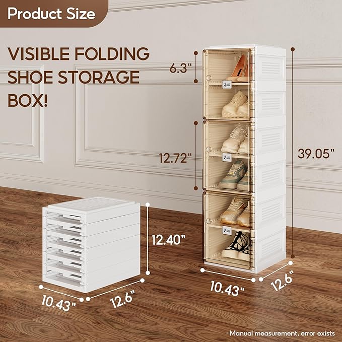 ANTBOX Shoe Organizer Storage Box, Portable Folding Shoe Rack for Closet with Magnetic Clear Door,Large Sneaker Cabinet Bins Sturdy Easy Assembly 6 Layers-6 Grids