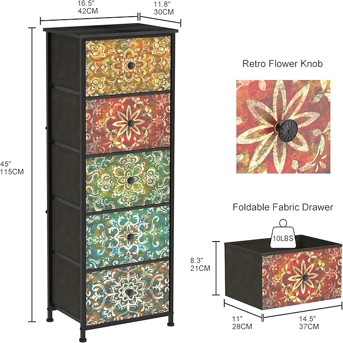 GiftGo Retro Dresser with Fabric Drawers Boho Mandala Flower Chest of Drawers Narrow Storage Tower for Small Spaces Gaps Bedroom Beautiful Nightstand Living Room Table (Mandala, 5 Drawers)