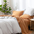 MooMee Bedding Sheet Set 100% Washed Cotton Linen Like Textured Breathable Durable Soft Comfy (Solid Burnt Orange, King)