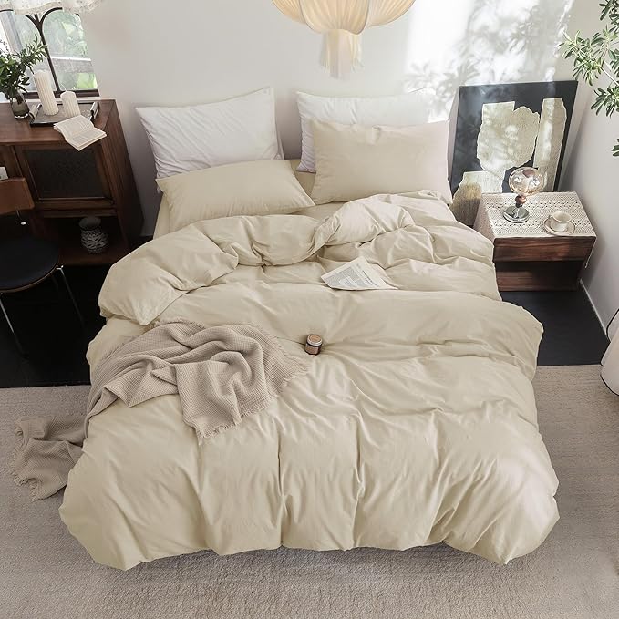 FOSSA Duvet Cover Set 100% Washed Cotton Linen Feel Super Soft Breathable Cozy 3 Pieces Bedding Sets Solid Almond Grey Oversized King Plus
